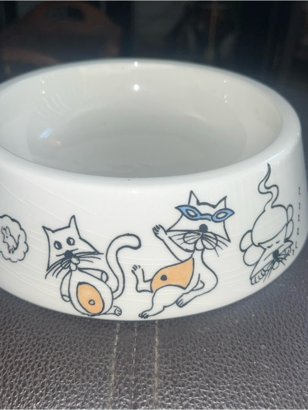 White Ceramic Cat Bowl with Playful Orange & Blue Cat Illustrations